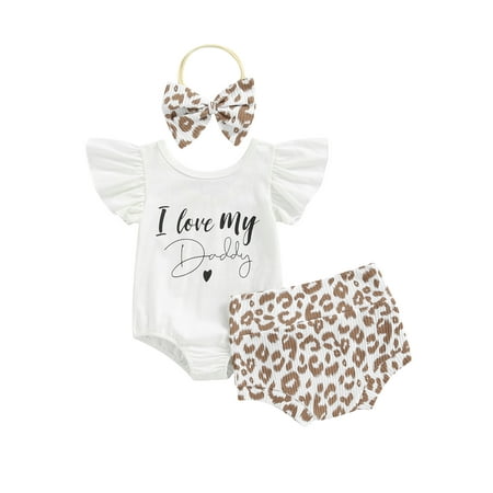 

Suanret Newborn Baby Girl Father s Day Outfits Fly Sleeve Letter Print Romper+Leopard Shorts+Headband 3Pcs Set Khaki 6-12 Months