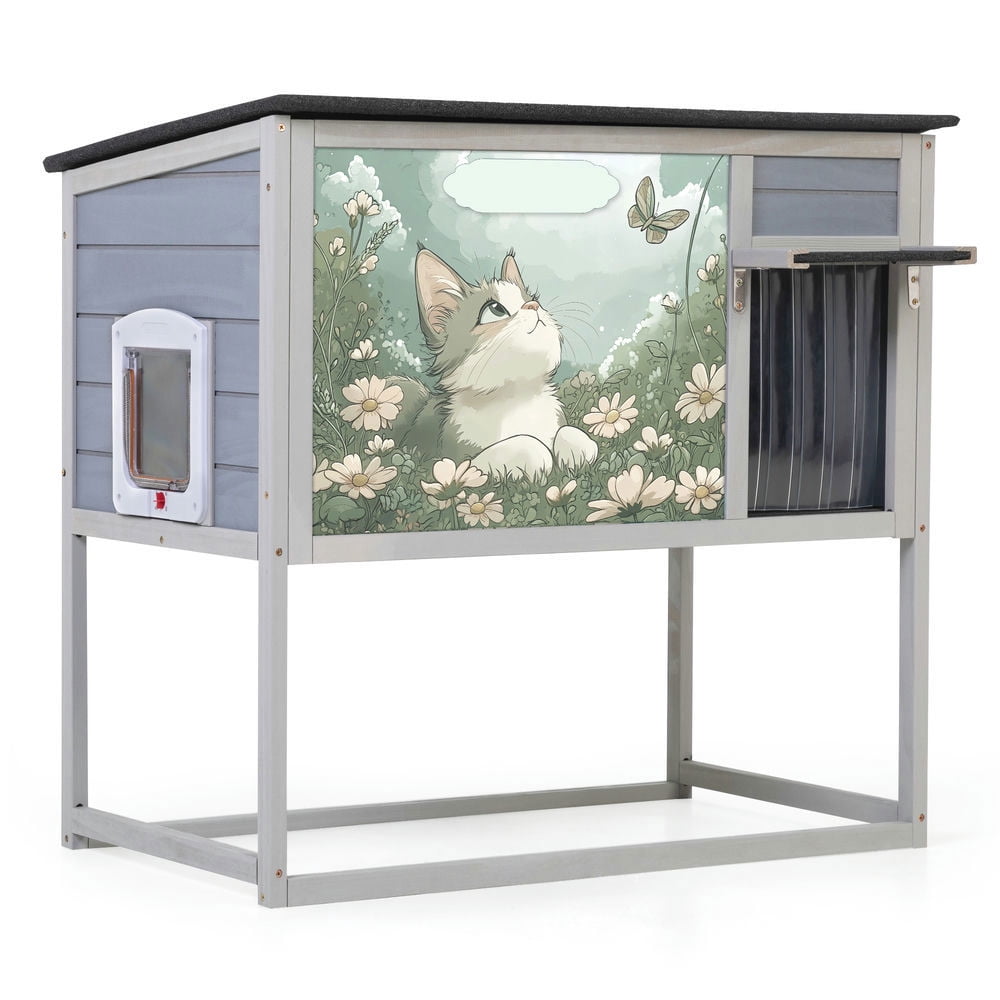 Spaco Weatherproof Outdoor Cat House, Tall Outdoor Cat Nest, Elevated Feral Cat Shelter with High Legs and Curtained Door, Escape Door, Openable Top, Gray