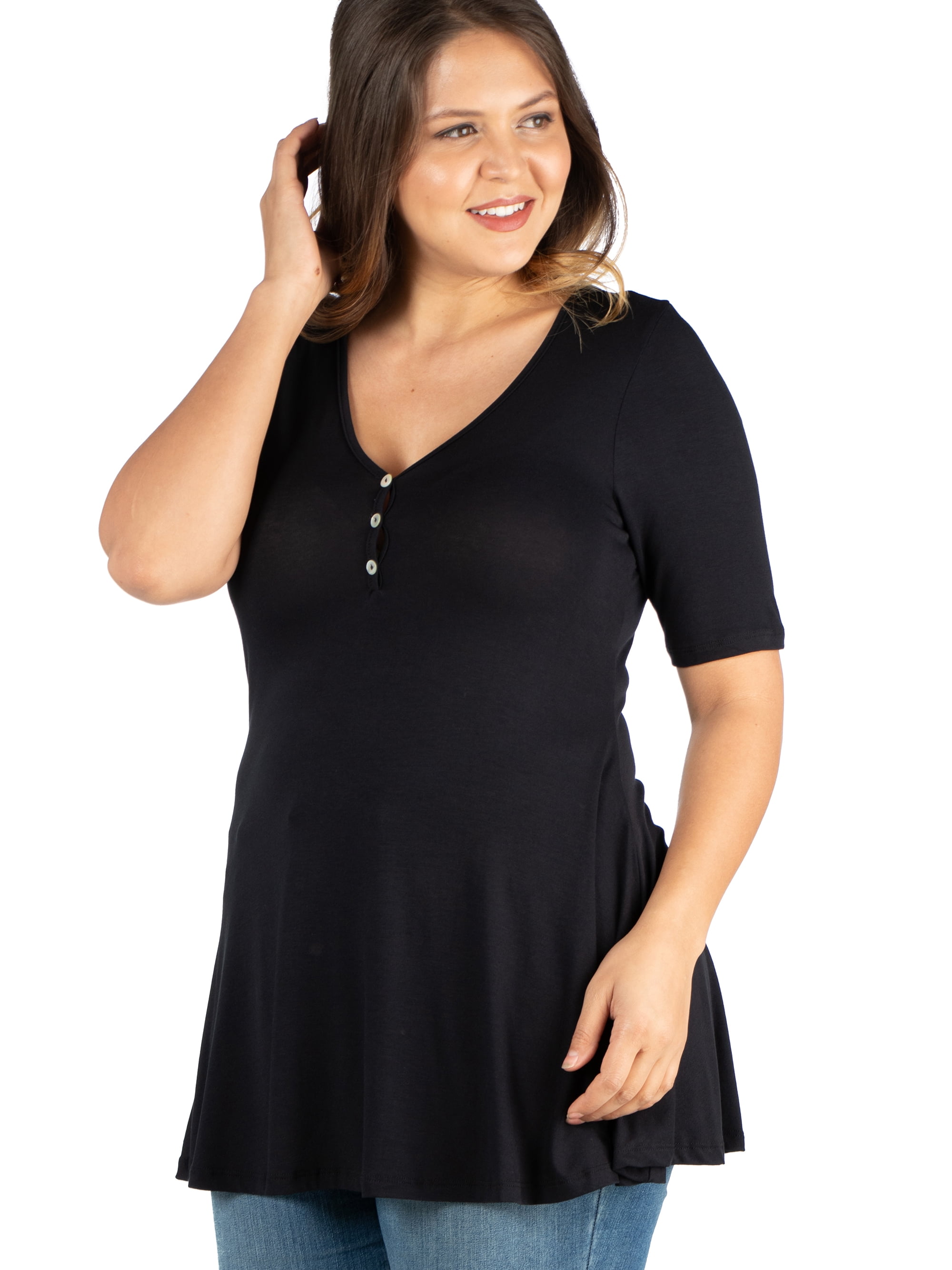 Women's Plus Size Elbow Sleeve Henley Plus Size Tunic Top