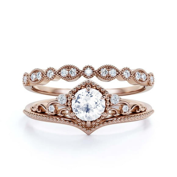 Bagues de Mariée Art Déco 2.00 Carats Couronne Moissanite Diamant Ronde Bague de Fiançailles, Bague de Mariage en Argent Sterling 925 avec Plaqué Or Rose 18k, Cadeau pour Elle, Bagues de Promesse, Bague d'Anniversaire