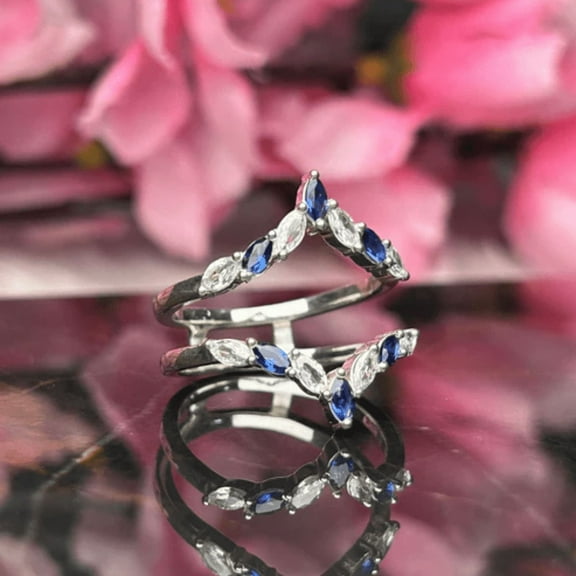 Marquise Cut Blue and White Sapphire Wedding Ring Guard in 925 Sterling Silver