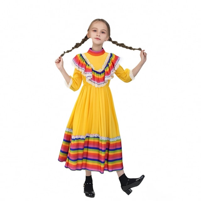 oqasdz Robe Fille Robe Mexicaine à Manches Longues Multicolore Robe de Princesse d'Halloween Robes de Fête de Danse Vêtements