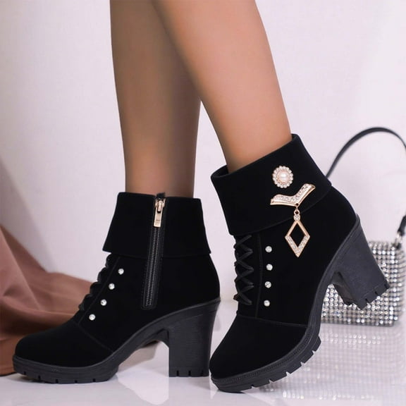 JUSLIO Boots for Women Chunky Heel Boots Zipper High Heel Fashion Casual Slip On Comfort Mid Calf Boots Womens Boots