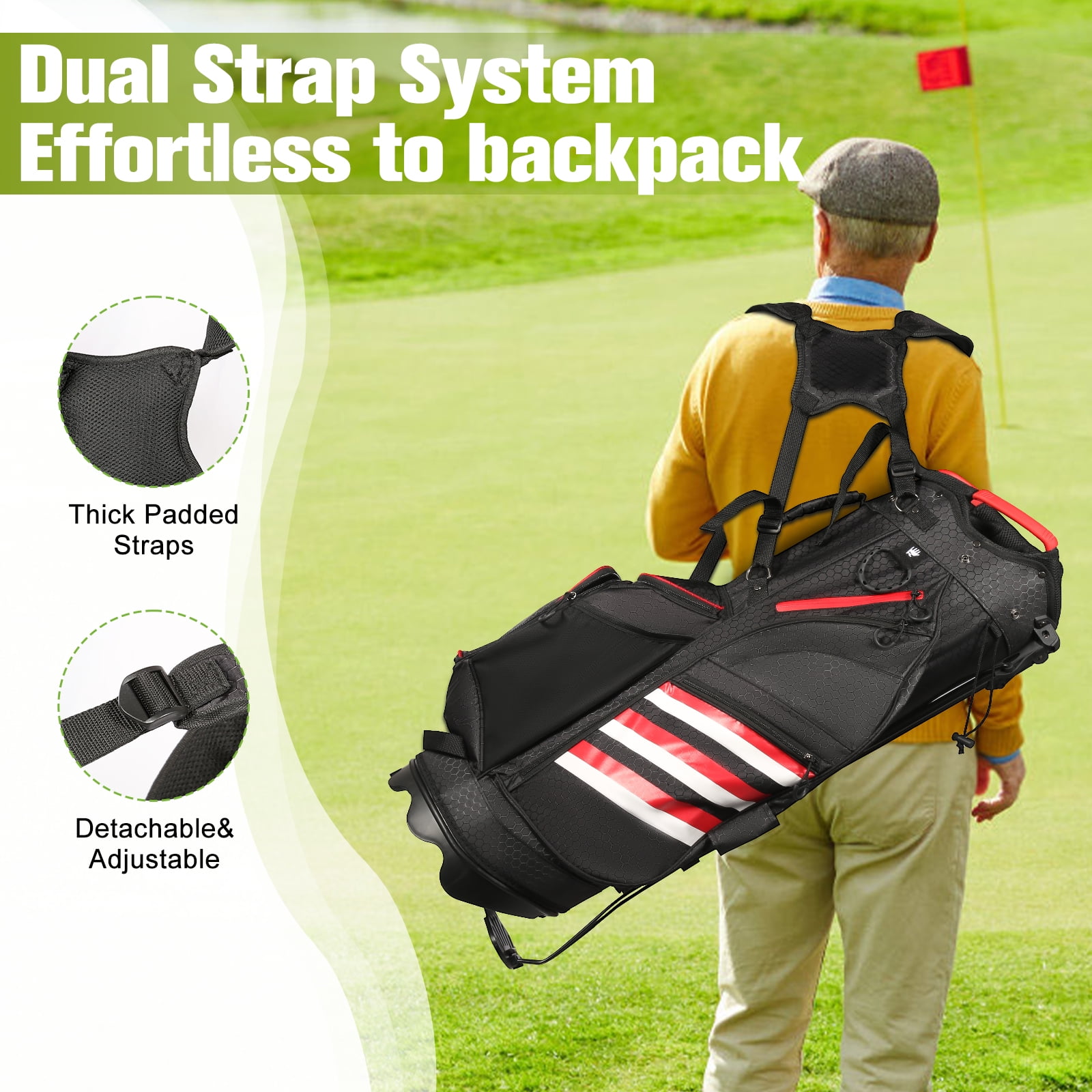 Uten Golf Club Cart Bag with Stand, 8” Top, Full-Length Dividers, 14 Storage Pockets, Lightweight & Durable, Water-Resistant Material, Easy Organizer for Clubs and Gear, Gray/Red