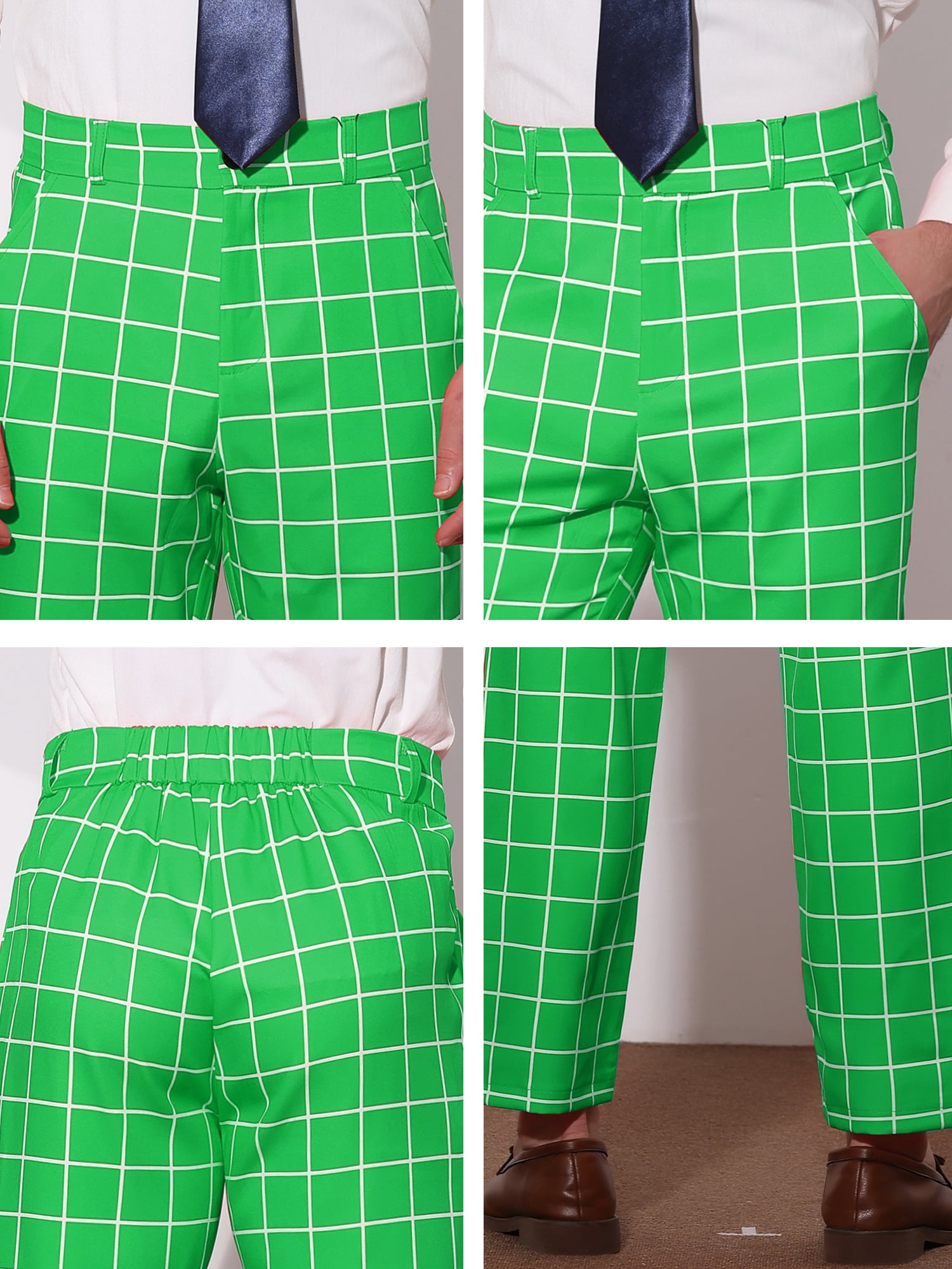 Unique Bargains Men's Plaid Printed Straight Leg Business Casual Checked Pants 30 Green White