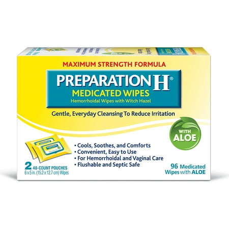 Preparation H Hemorrhoid Flushable Medicated Wipes, Maximum Strength Relief with Witch Hazel and Aloe, Pouch (2 x 48 Count, 96 Count)