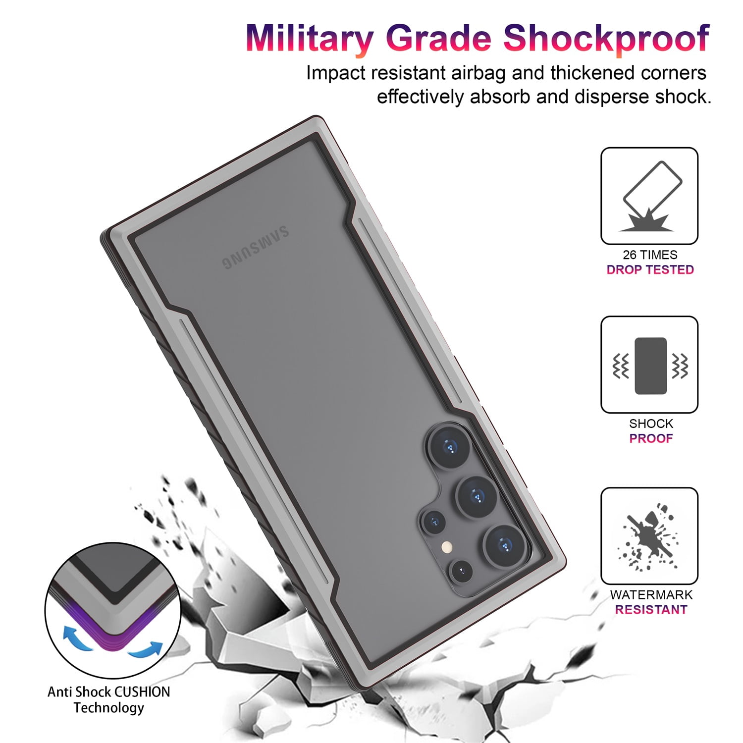 JTCASES for Samsung Galaxy S23 Case 6.1" 5G Phone 2023, Military Grade Shockproof Impact Resistant Corners Wireless Charging Non-Slip Grip Cover, Grayblack