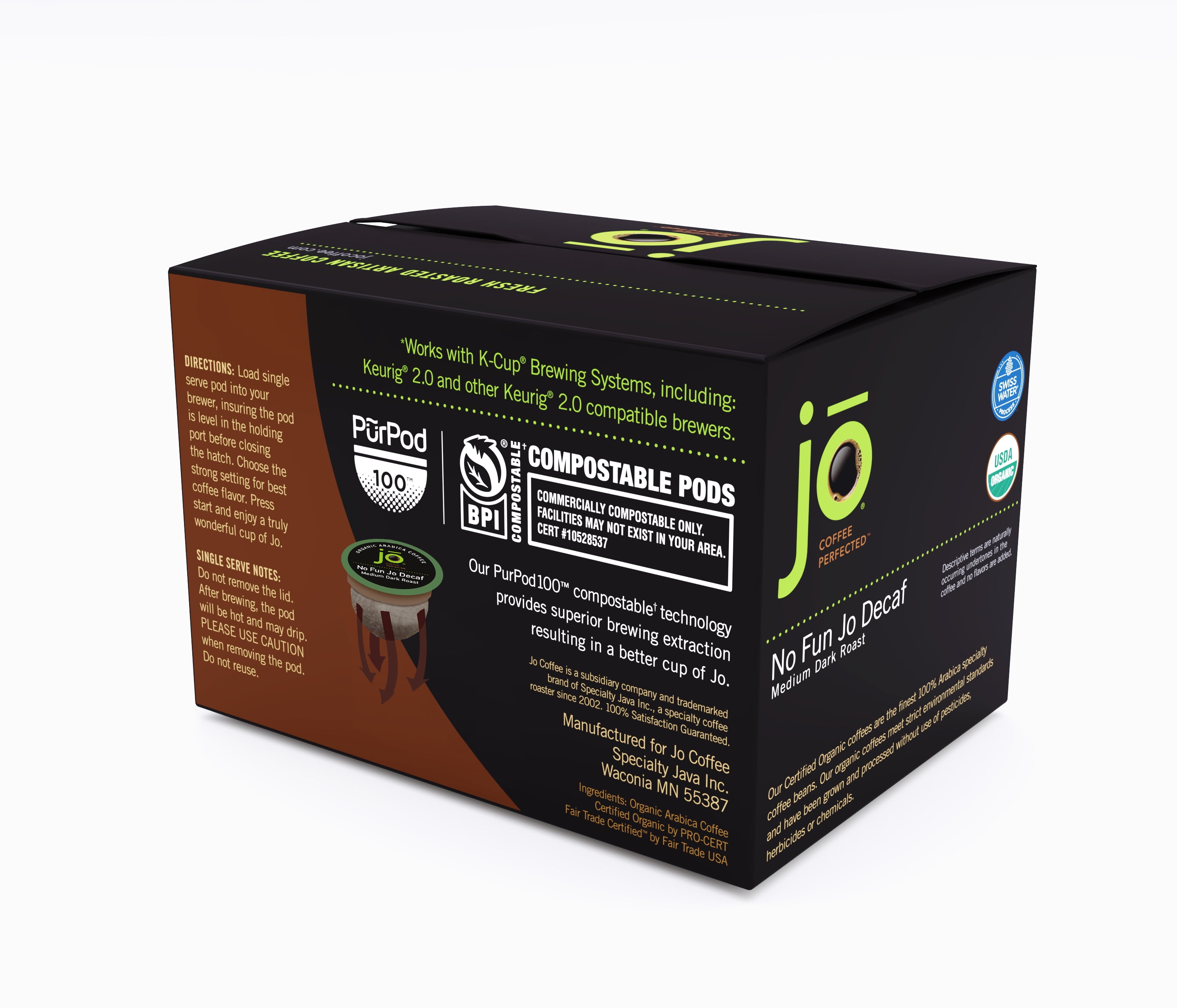 NO FUN JO DECAF: 24 Organic Swiss Water Decaf Compostable Pods for Keurig Compatible Brewers 2-Pack