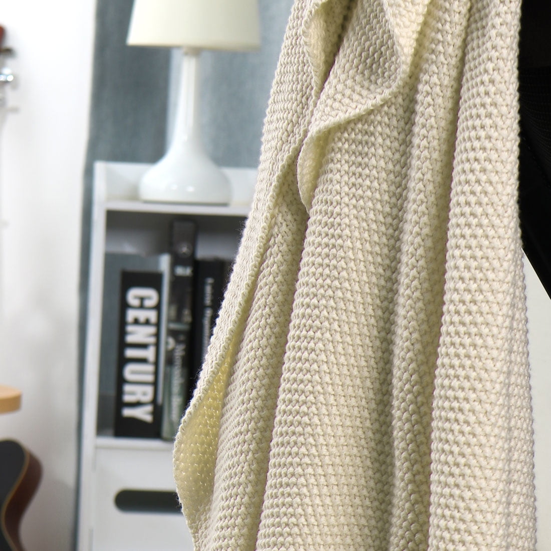 Unique Bargains Pure Cotton Soft Cable Knit Throw Blanket Beige 59" x 78"