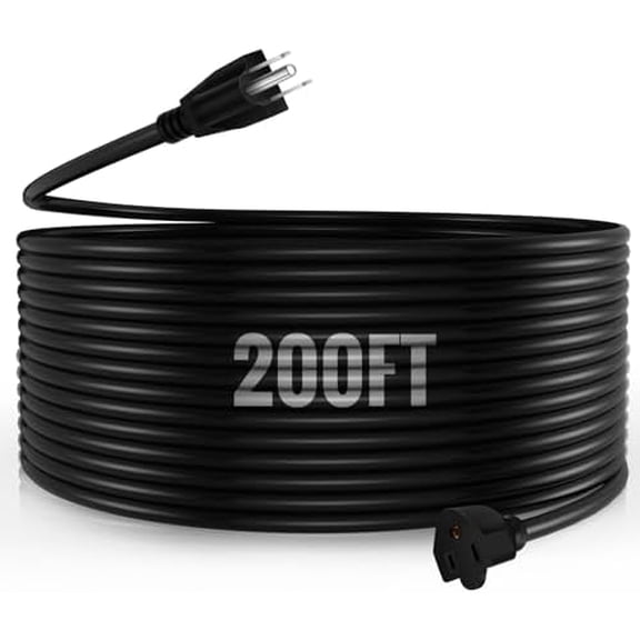 200 Foot 3 Prong Vinyl Extension Cord 16/3 Heavy Duty Extension Cord with Multiple Outlets 3 Prong 10A 1250W 16AWG SJTW Weatherproof Outdoor & Indoor Power Cable for Lawn Office