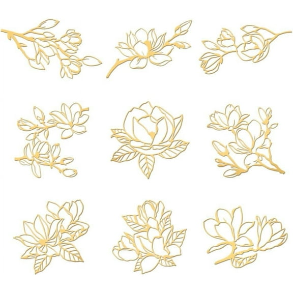 1 Set 9pcs 1.6x1.6 inch Golden Metal Stickers Magnolia Metal Stickers Self Adhesive Stickers Flower Theme Epoxy Stickers Floral Pyramid Sticker for DIY Scrapbooks Epoxy Resin Decoration