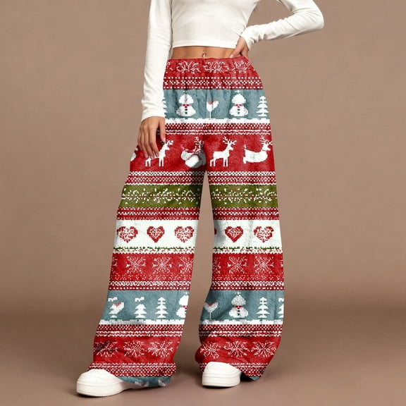 Women's Casual Wide Leg Pants, Christmas Print Elastic Waist Loose Plush Trousers, Holiday Lounge Pants for Women, Soft and Festive Design,Light Blue,L
