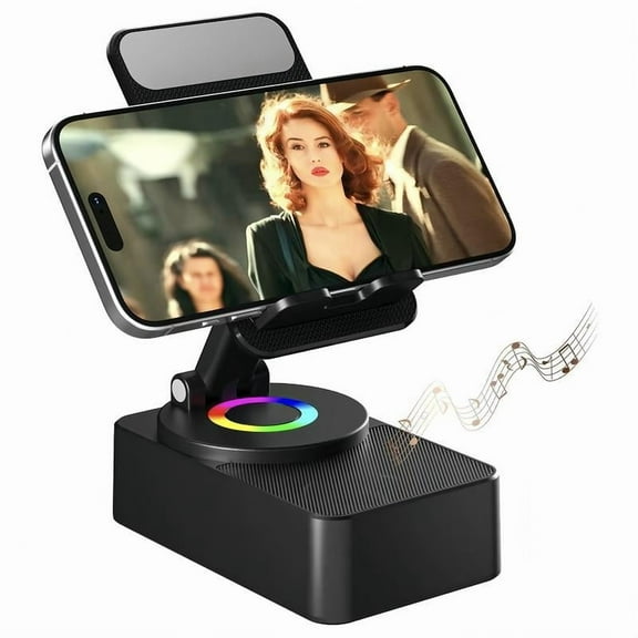 Wireless Audio Bluetooth Speaker 5in1 Phone Holder Emergency Rechargeable withColorful Ambient Light 300° Foldable for Tablet iPhone Android, Gifts for Men Women ,Black