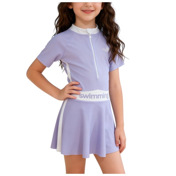 Quealent Girls Swimsuit Girls One Piece Skirted Swimsuit Short Sleeve Floral Rash Guard Bathing Suit Swim Dress Swimwear (Purple, 5-6 Years)