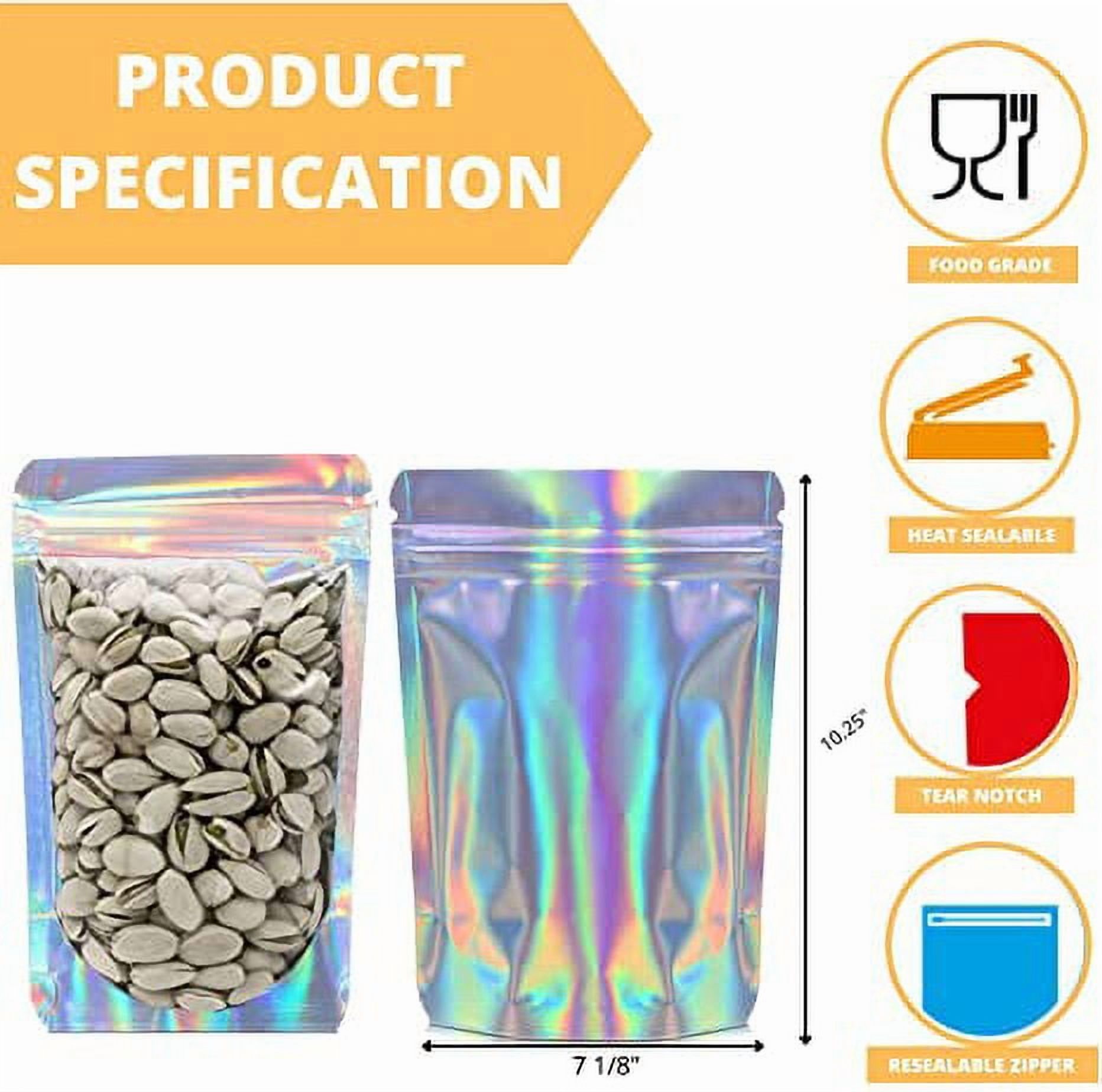 100 Pack of Holographic Resealable Food Bags, 7 x 10 Resealable Smell Proof Mylar Bags, Clear Front Window with Aluminum Foil Back, Waterproof Pouch Ziplock Bags for Food Storage and Packaging