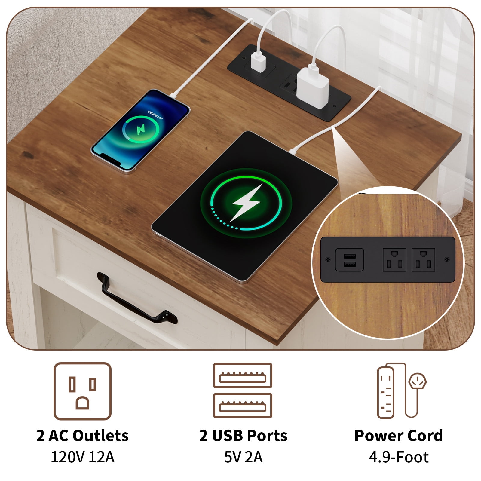 Hommpa End Table With Charging Station For Living Room, Farmhouse Side Table with Drawer, Nightstand Bedside Table with Storage Shelves For Bedroom, Rustic White