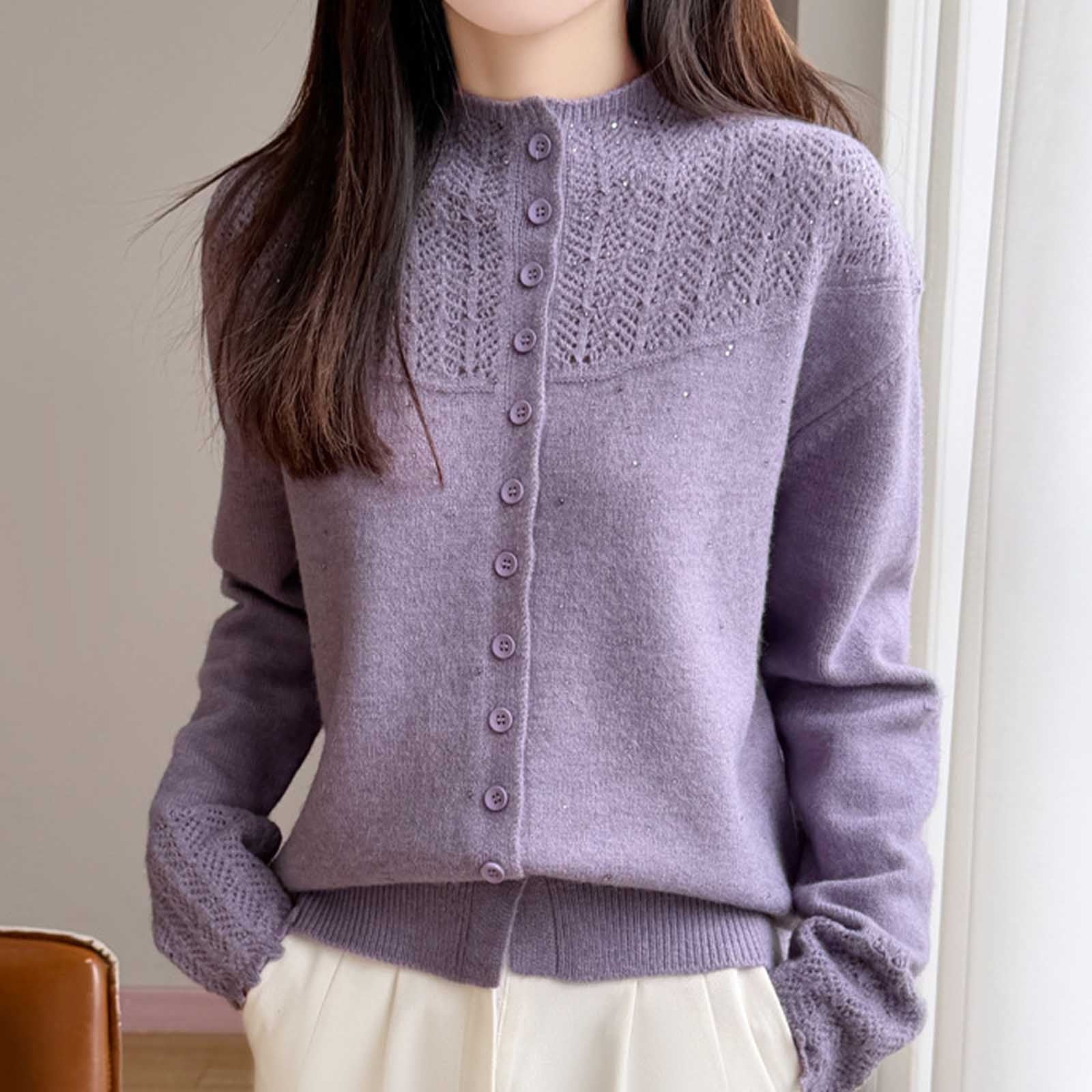 TARIENDY Women s Button Down Cardigan Sweaters Long Sleeve Fashion Crewneck Hollow Knit Coat Elegant Long Sleeve Warm Outfits Sweater Purple M