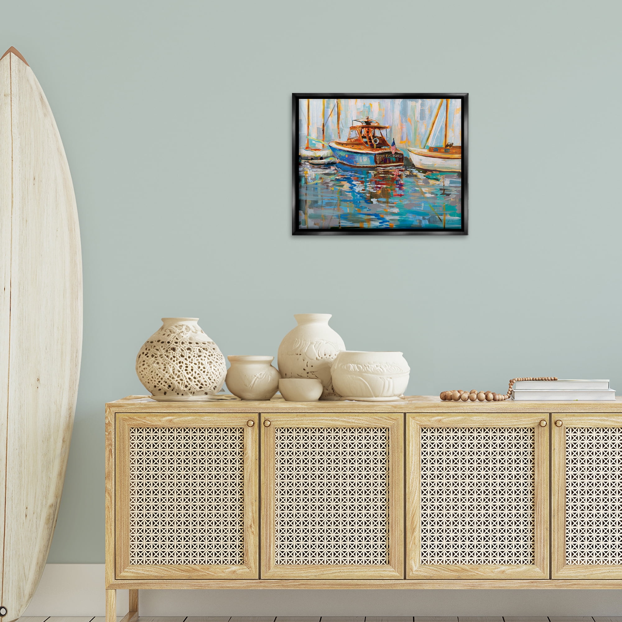 Stupell Industries Old Fashioned Boat Harbor Nautical & Beach Painting Black Floater Framed Canvas Art Print Wall Art, 21 x 17