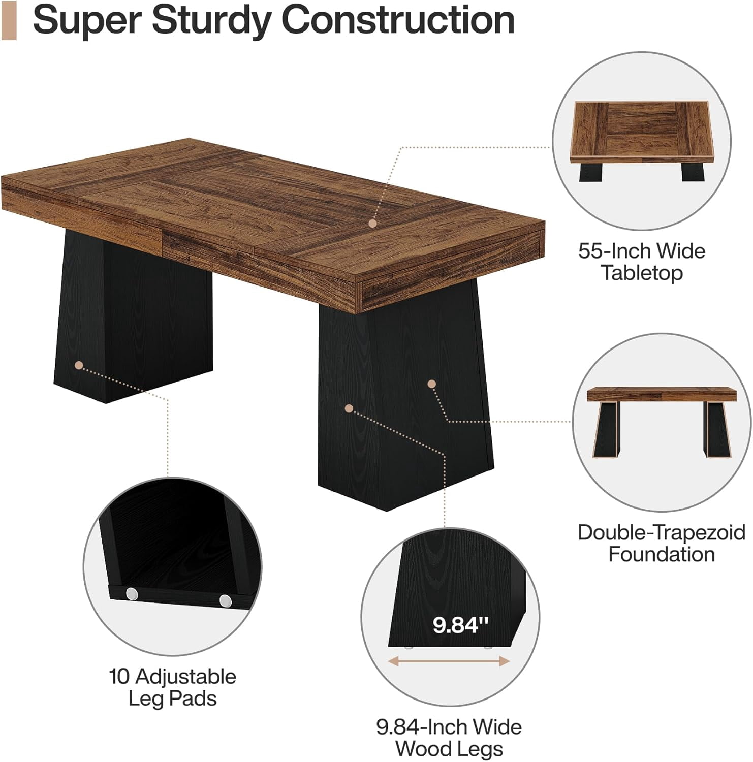 Tribesigns Wooden Executive Desk, 55-Inch Computer Writing Table with Double Pedestal, Brown & Black