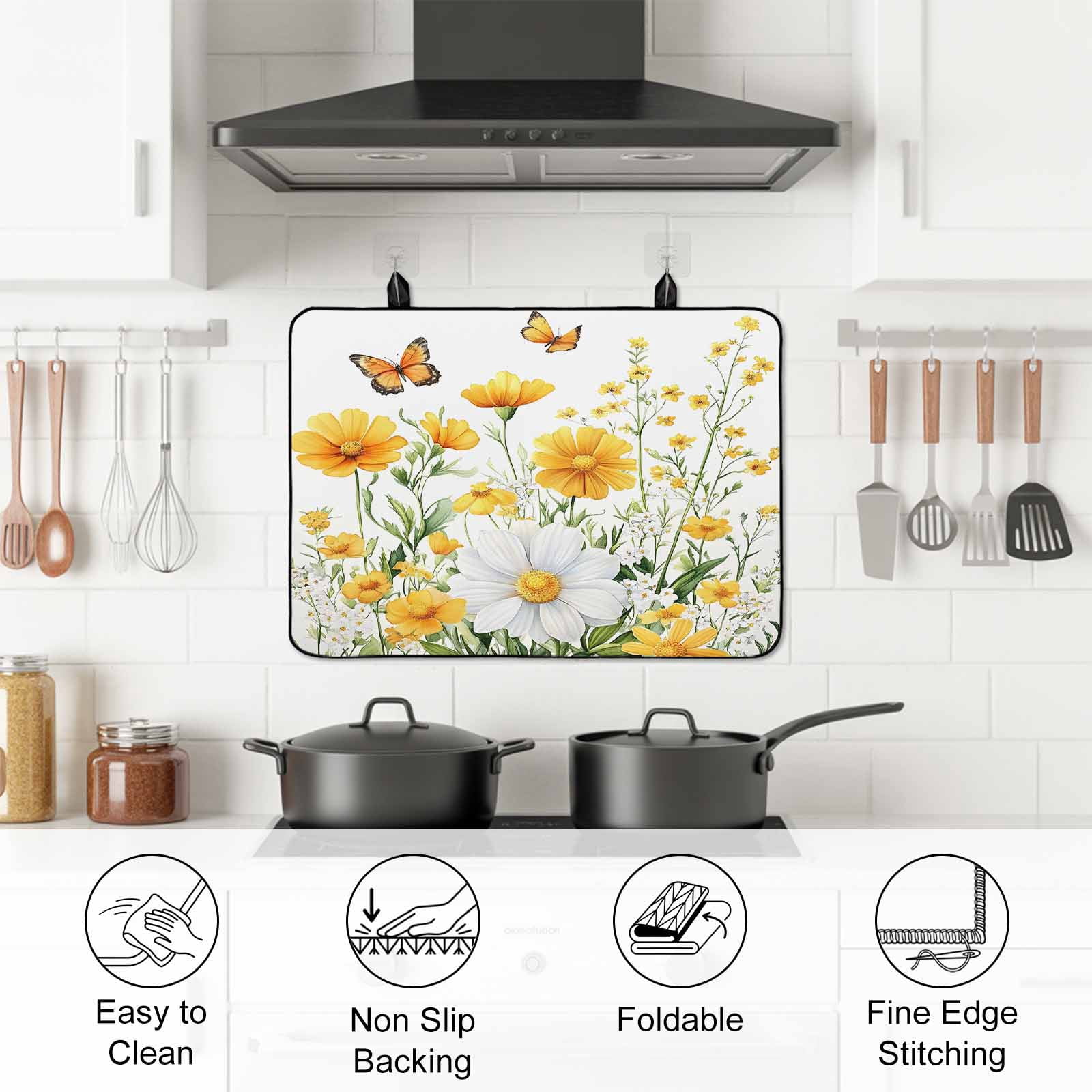 Yellow Spring Floral Stove Top Cover for Electric Stove, Heat-proof & Non Slip Glass Top Stove Cover Protector, Pastoral Summer Botanical Daisy Kitchen Flat Cooktop Rubber Mat 24x21 Inches