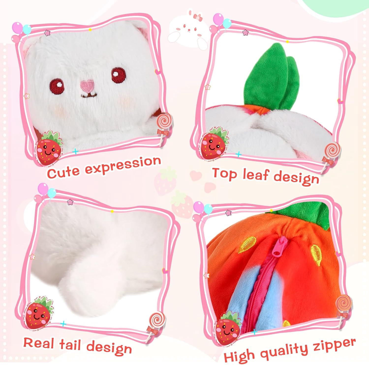 Kawaii Squishy Cute Easter Bunny Plush Turn Into Rabbit Fruit Doll Carrot Strawberry Pillow, Plushies Funny Bunny Toy for Baby
