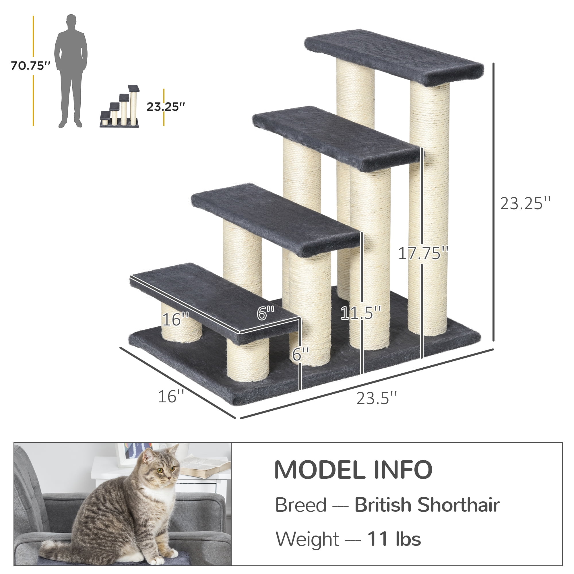 PawHut Cat Tree with 4 Stair Steps for High Beds w/ Sisal Scratching Post