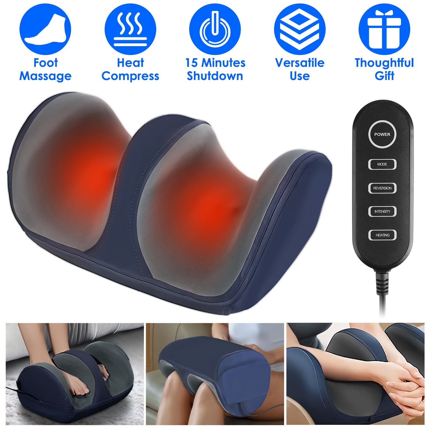 Shiatsu Foot Massager Machine with Heat, Electric Heated Kneading Foot and Calf Massager with 3 Massage Modes 3 Adjustable Intensity Levels 15 Mins Auto off Gifts for Mom & Dad