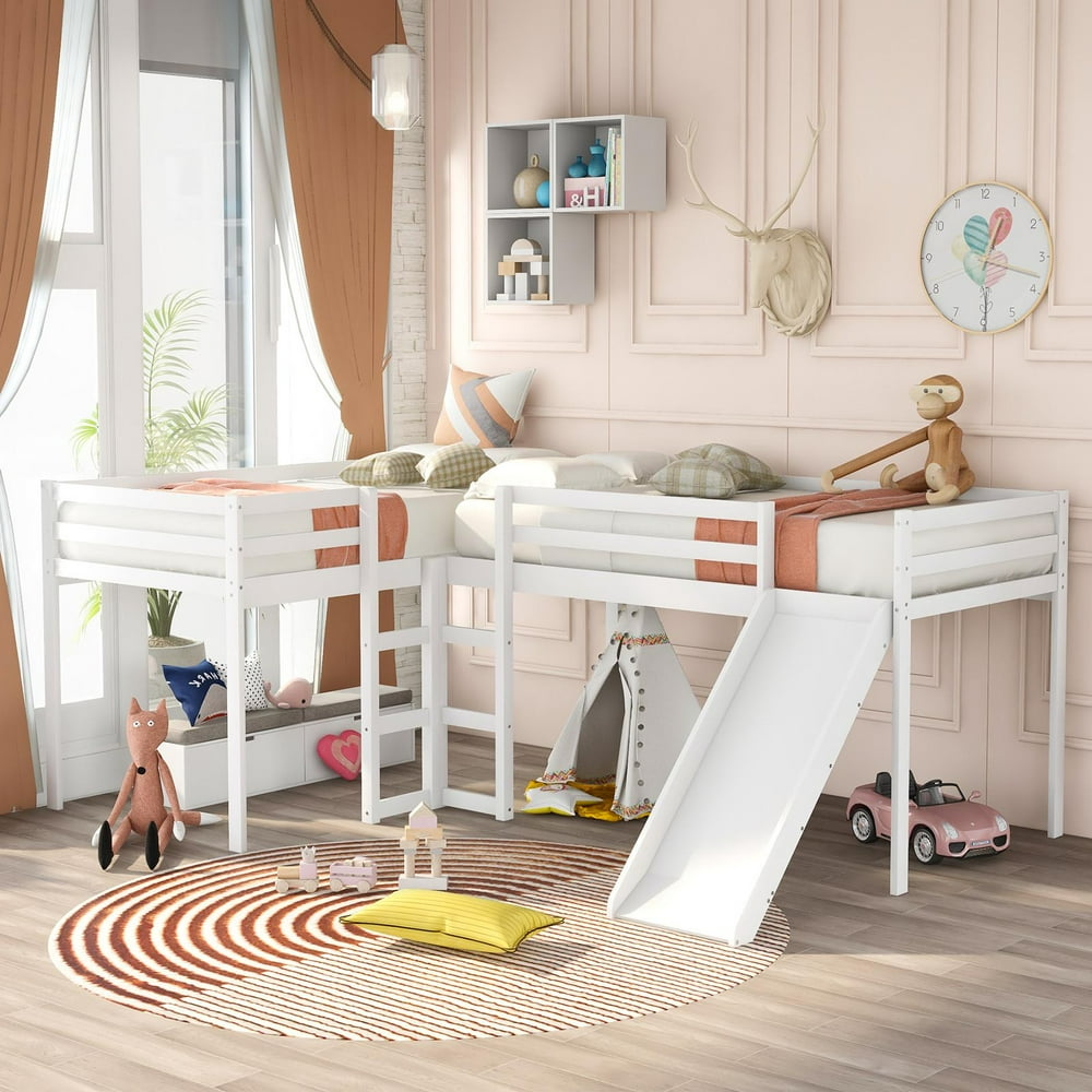 LShaped Loft Bed with Slide, Wooden Loft Beds for 3 Kids , Twin Size