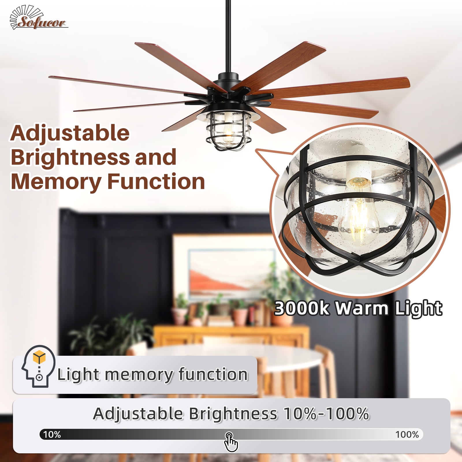 Sofucor 66 Inch Farmhouse Ceiling Fan with Light and Remote Control