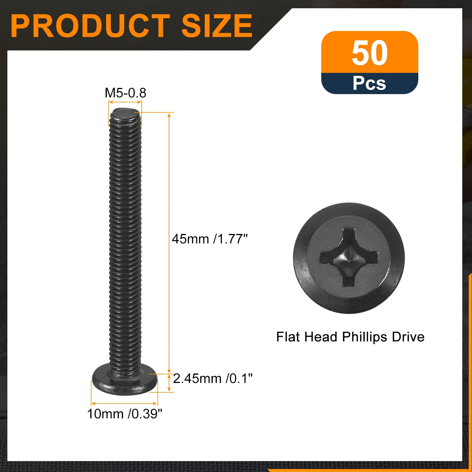 50Pack M5-0.8 x 45mm Flat Round Head Machine Screws, Phillips Drive Fastener