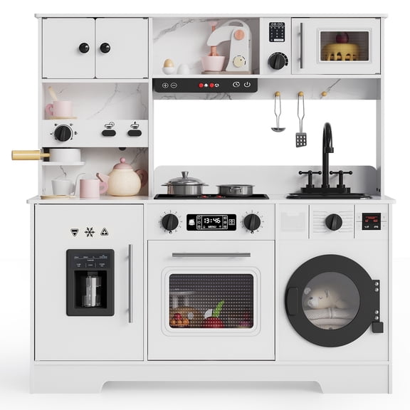 Wooden Play Kitchen for Kids,Pretend Play Kitchen with Coffee Maker & Washing Machine,White MDF Toddler Kitchen Playset with Realistic Sounds, Oven, Sink & Ice Maker for Boys and Girls Age 3