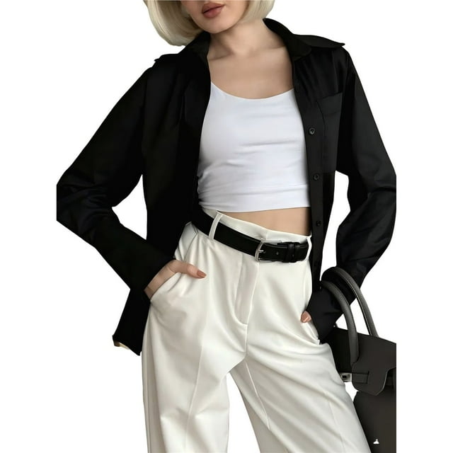 Women's Button Down Shirts Long Sleeve Dress Shirts Collared Work Office Solid Blouses Corset Tops