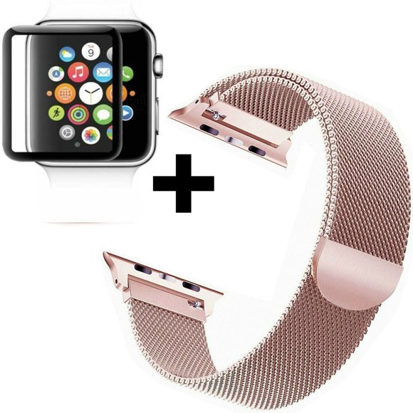 Apple Watch 44mm Band Stainless Steel Magnetic Loop Watch Band Screen Protector Milness Strap for iWatch SE Ultra Series 8 7 6 5 4 3 2 1 - Rose Gold