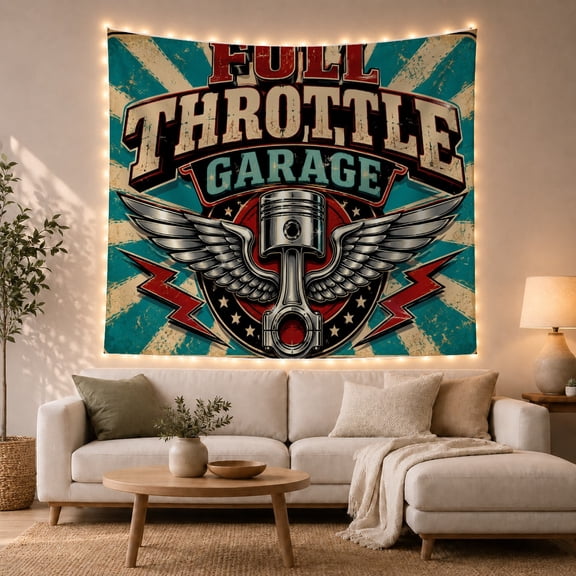 Full Throttle Piston with Silver Wings, Energetic Retro for Automotive Fans, Mechanic Wall Art, Father's Day Gift, Tapestry Wall Hanging for Garage, Workshop and Man Cave