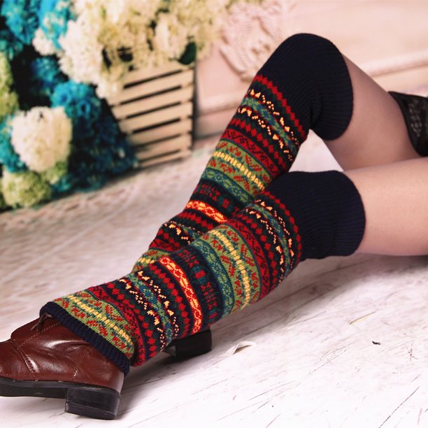Funda para botas y piernas cálidas hasta la rodilla para mujer con capas de lana gruesa y bohemia con estampado de camuflaje fluorescente para otoño e invierno