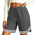 thumbnail image 5 of Costeam Womens Striped Hem Mesh Basketball Shorts Dual Side Slip Pockets Self Fabric Drawstring Full Elastic High Waist Breathable Loose Mid Knee Athletic Workout Short Bottoms, 5 of 8