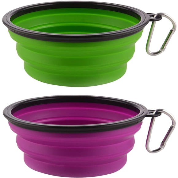 Tazones Grandes Plegables para Perro, Tazones de Agua de Viaje Portátiles y Plegables de 34 Oz, Platos de Comida con Mosquetón para Viajar, Hacer Senderismo, Caminar, Paquete de 2 (Morado+verde)