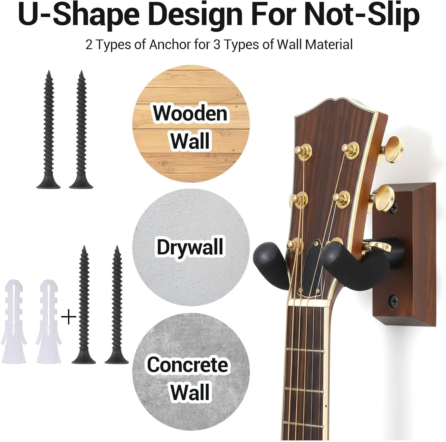 4 Pack Guitar Wall Mount, Black Walnut Wood Guitar Hanger U-Shaped Wall Hanger Mount with Rotatable Soft Guitars Hook for Acoustic Guitars Bass, Easy to Install, Gift for Guitarplayer