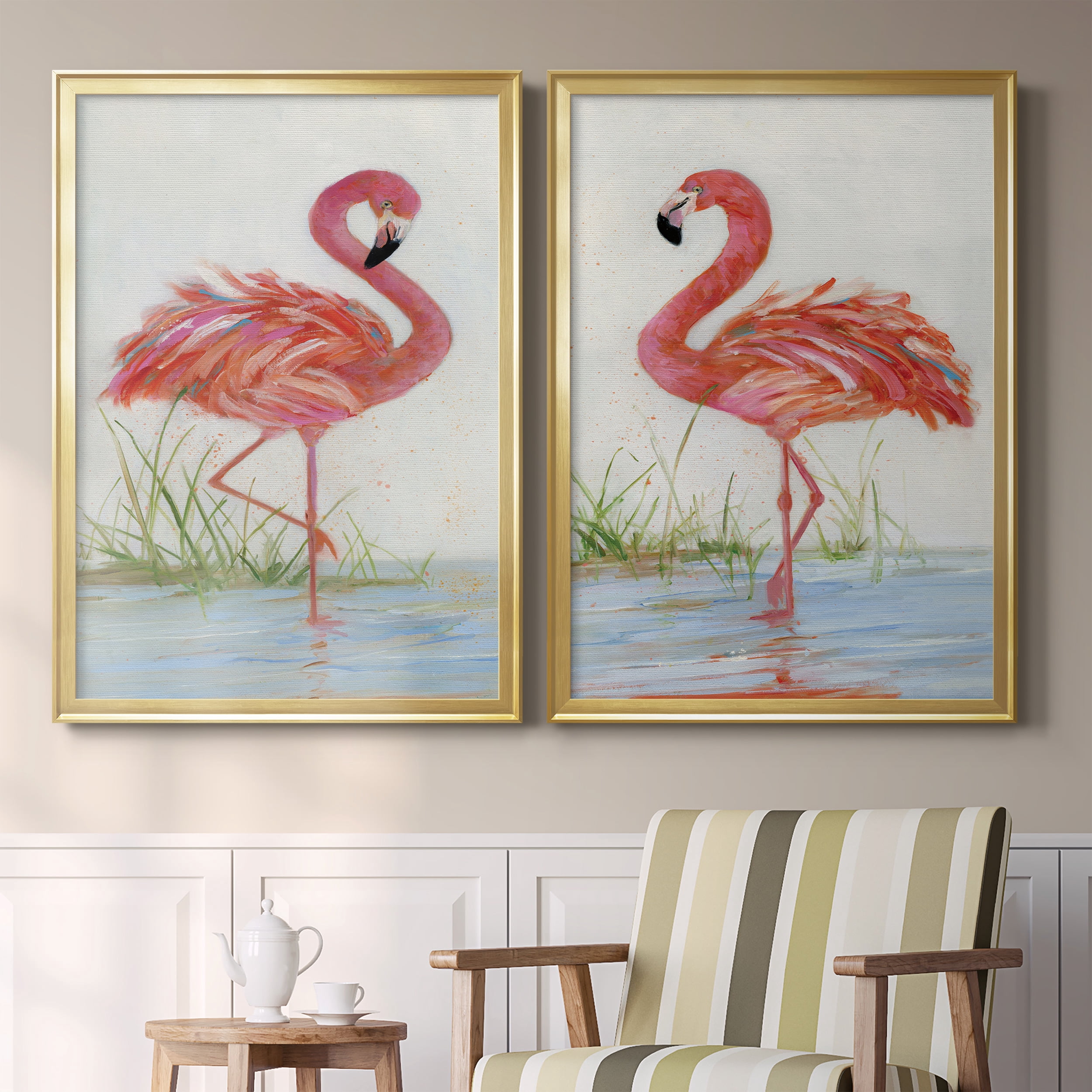 2 Piece Set Flamingo I Premium Framed Canvas - Ready to Hang - 26.5 x 36.5 Each - Gold Frame