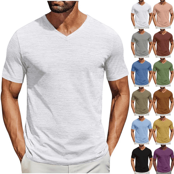 Odbmxy Short Sleeve Tee Shirts for Men V-Neck Cotton Basic Shirts for Men Daily Relaxed Fit Single-color Layering Shirts,White S