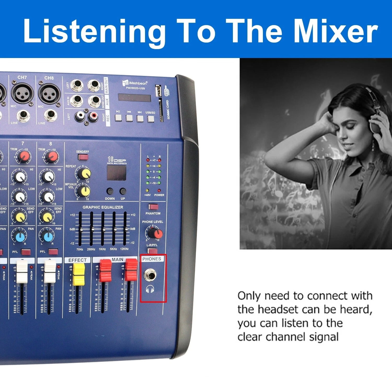 iMeshbean 8 Channel Professional Powered Mixer 1500W Power Mixing Amplifier Amp 16DSP USB