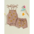 thumbnail image 2 of Nygoyerh Baby Girls Summer Outfits 3M 6M 12M 18M Daisy Strawberry Embroidery Playwear Sleeveless Knit Bodysuits Tie-Up Spaghetti Strap Romper + Shorts 2Pcs Sets Newborn Infant Clothing, 2 of 7