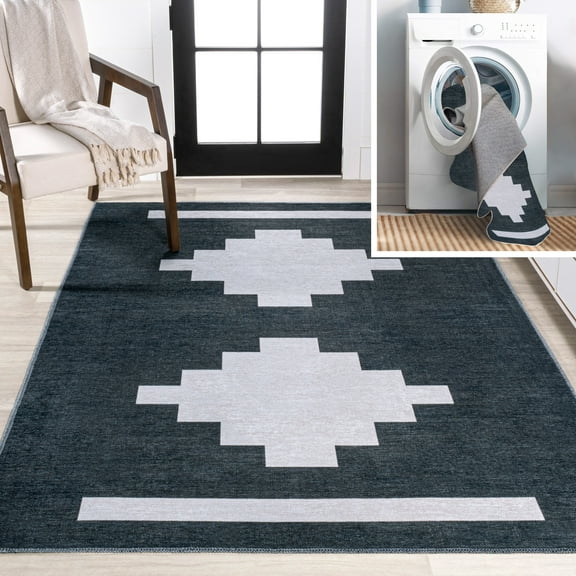 JONATHAN Y WASHABLE 5 x 8 Area Rug, Adriel Geometric Medallion - Navy/Light Gray, WSH111B-5