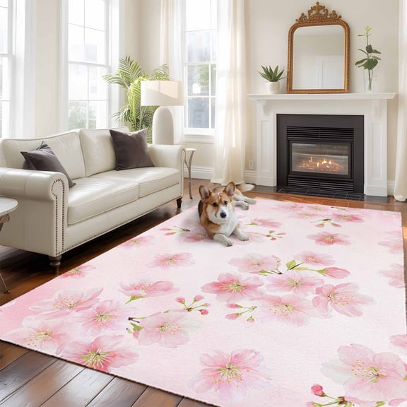 5'x8' Area Rugs, Pink Floral Indoor Outdoor Area Rug for Living Room Bedroom, Modern Farmhouse Aesthetic Shabby Chic Flower Washable Bathroom Rugs Kitchen Floor Carpet Mats Home Decor Aesthetic