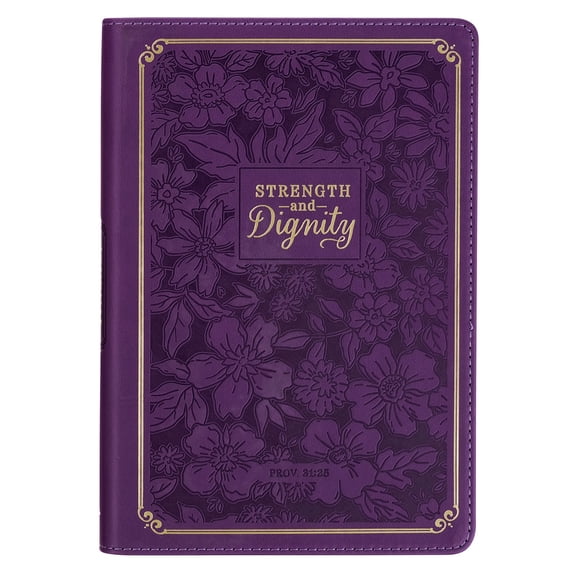 Christian Art Gifts Inspirational Journal, Strength & Dignity Wide Ruled Notebook, Prov. 31:25 Bible Verse, Purple Vegan Leather Floral, 336 Lined Pages w/scripture, (8.6” x 6.1” x .9”)