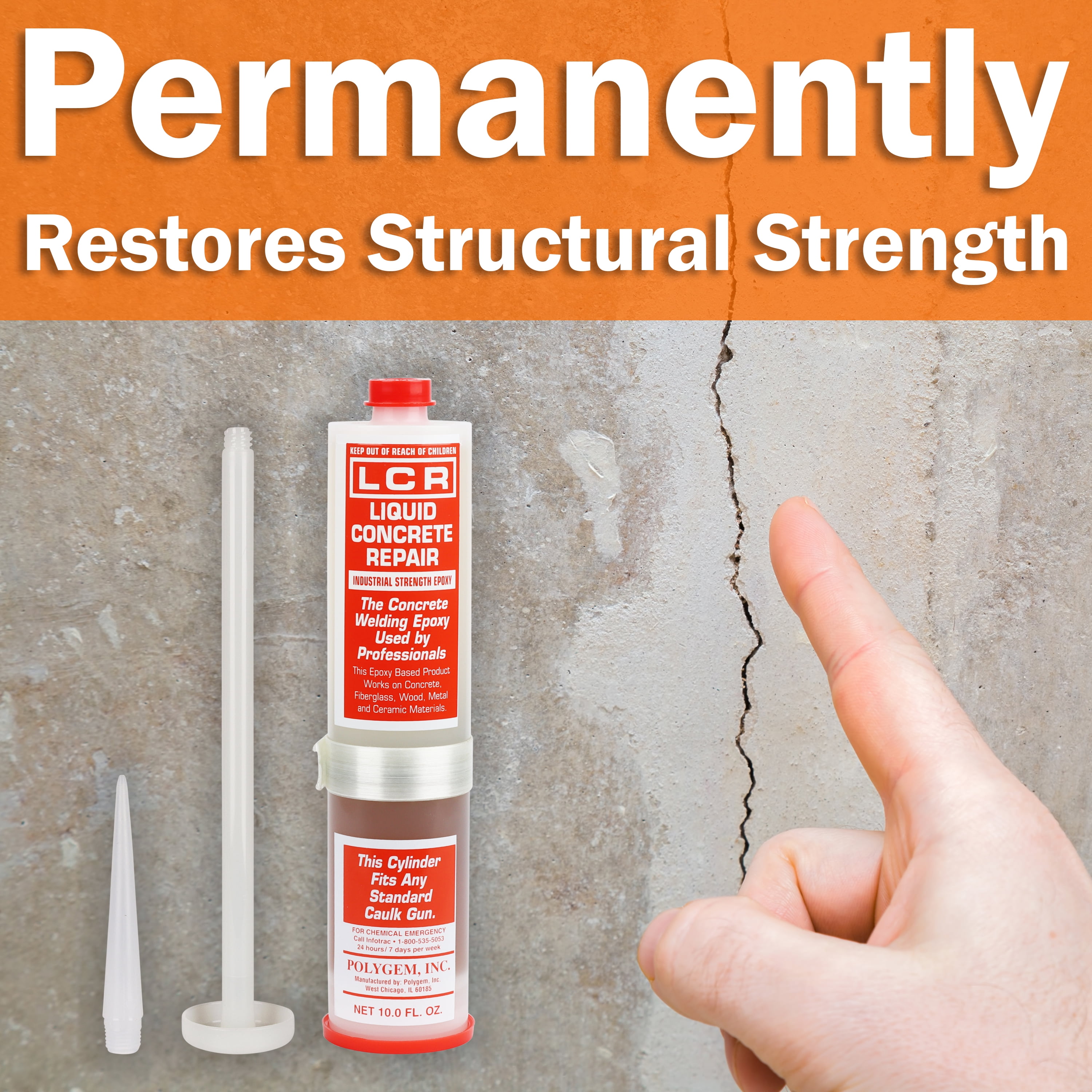 Polygem Injection Epoxy - Amber, 10 oz Cartridge, Structural Crack Filler for Concrete & Wood