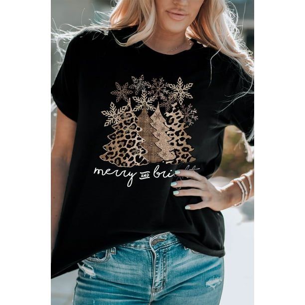 ABPHQTO Camiseta de cuello redondo con estampado gráfico de árbol de Navidad de leopardo negro para mujer