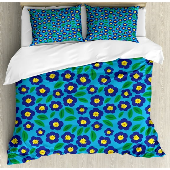 Floral Duvet Cover Set, Daisy Cartoon Motifs Colorful Simplistic Style Drawing Illustration, Decorative 3 Piece Bedding Set with 2 Pillow Shams, Calking Size, Deep Sky Blue Multicolor, by Ambesonne