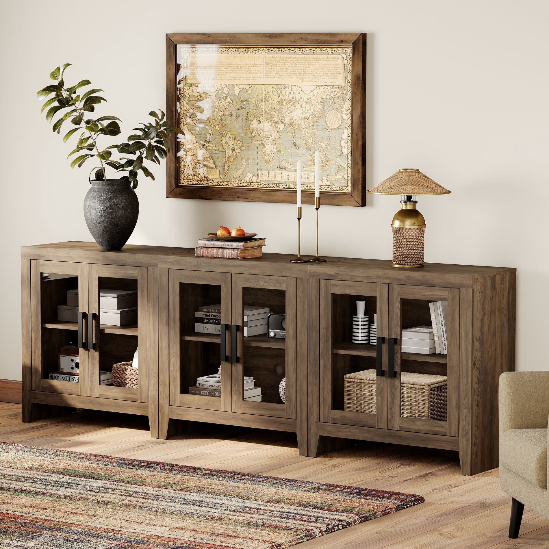 WAMPAT Modern Farmhouse TV Stand up to 100"TV, Entertainment Center with Tempered Glass Doors & Adjustable Shelves, Brown