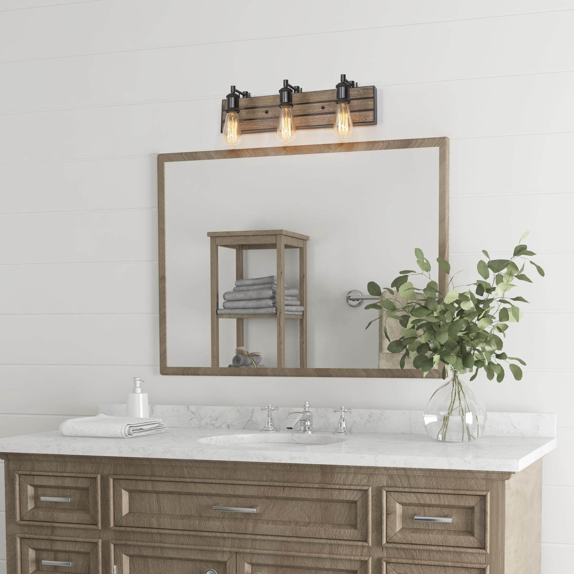 LNC 3-Light Bronze and Brown Wood Farmhouse Bathroom Vanity Light,21.3"L x 5.9"D x 5.1"H